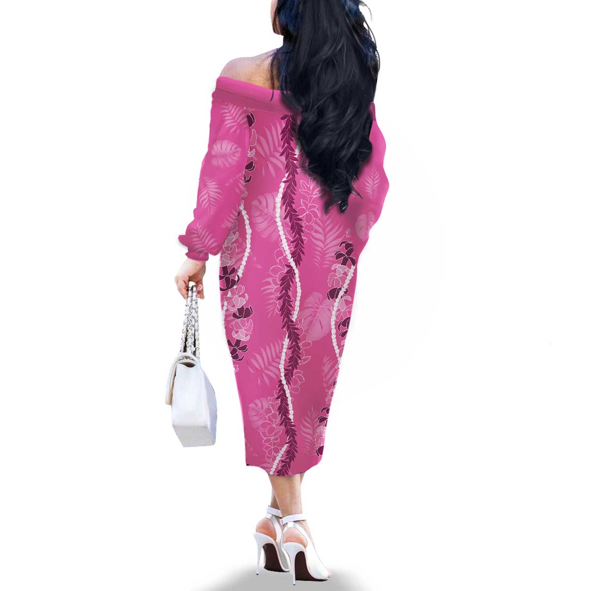Hawaii Maile Lei Family Matching Off The Shoulder Long Sleeve Dress and Hawaiian Shirt With Pink Monstera Pattern