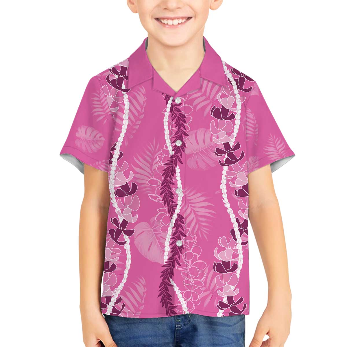 Hawaii Maile Lei Family Matching Off The Shoulder Long Sleeve Dress and Hawaiian Shirt With Pink Monstera Pattern