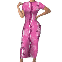 Hawaii Maile Lei Family Matching Short Sleeve Bodycon Dress and Hawaiian Shirt With Pink Monstera Pattern