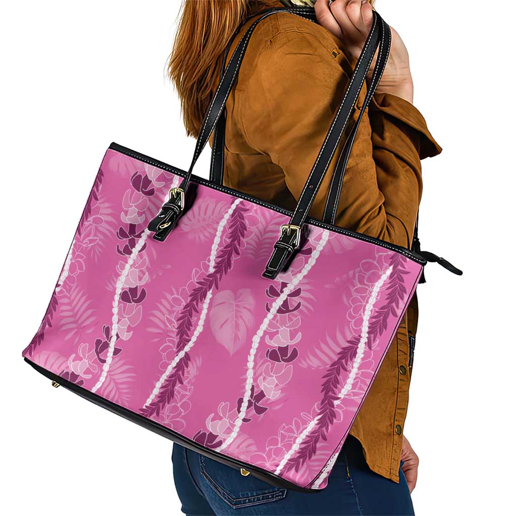 Hawaii Maile Lei Leather Tote Bag With Pink Monstera Pattern