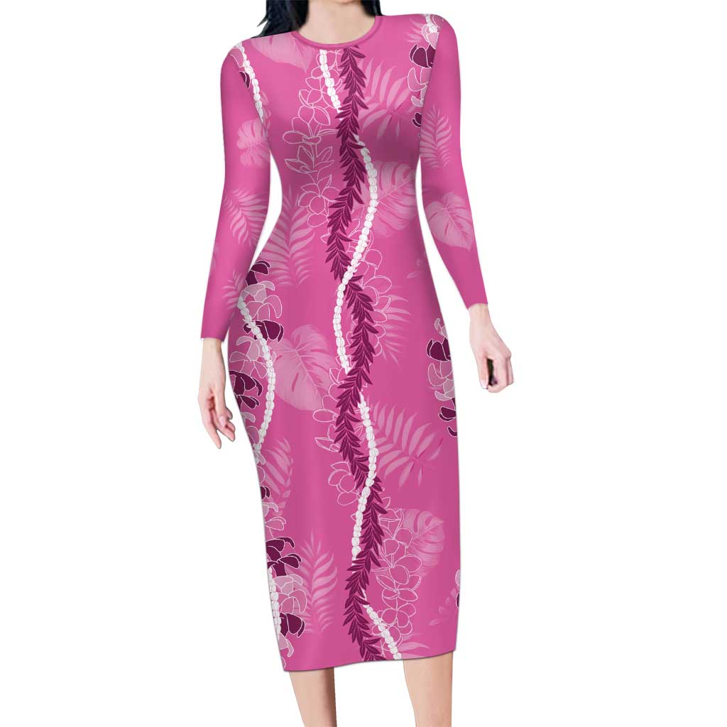 Hawaii Maile Lei Long Sleeve Bodycon Dress With Pink Monstera Pattern