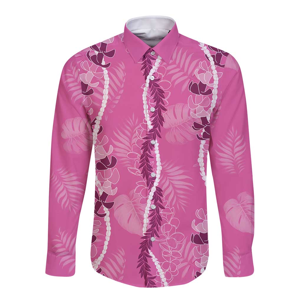 Hawaii Maile Lei Long Sleeve Button Shirt With Pink Monstera Pattern