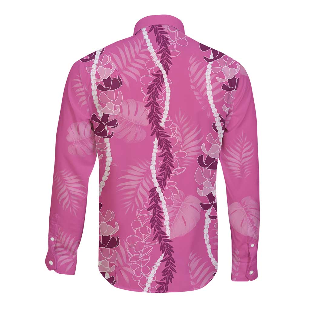 Hawaii Maile Lei Long Sleeve Button Shirt With Pink Monstera Pattern
