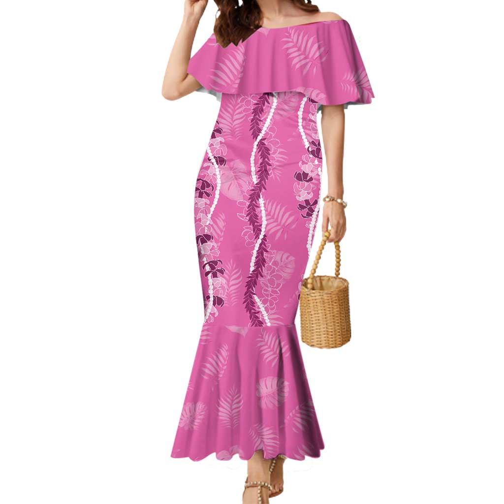 Hawaii Maile Lei Mermaid Dress With Pink Monstera Pattern