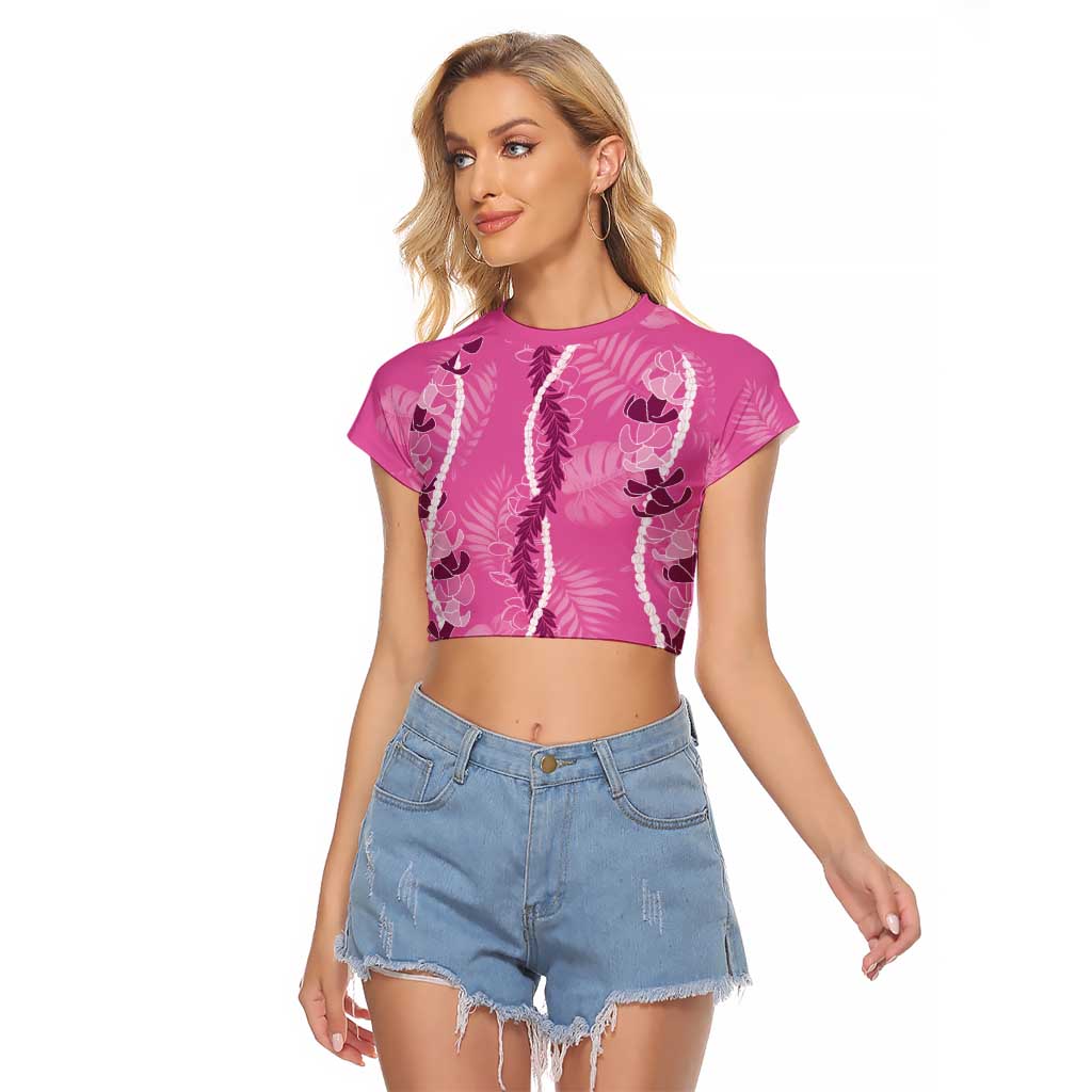 Hawaii Maile Lei Raglan Cropped T Shirt With Pink Monstera Pattern