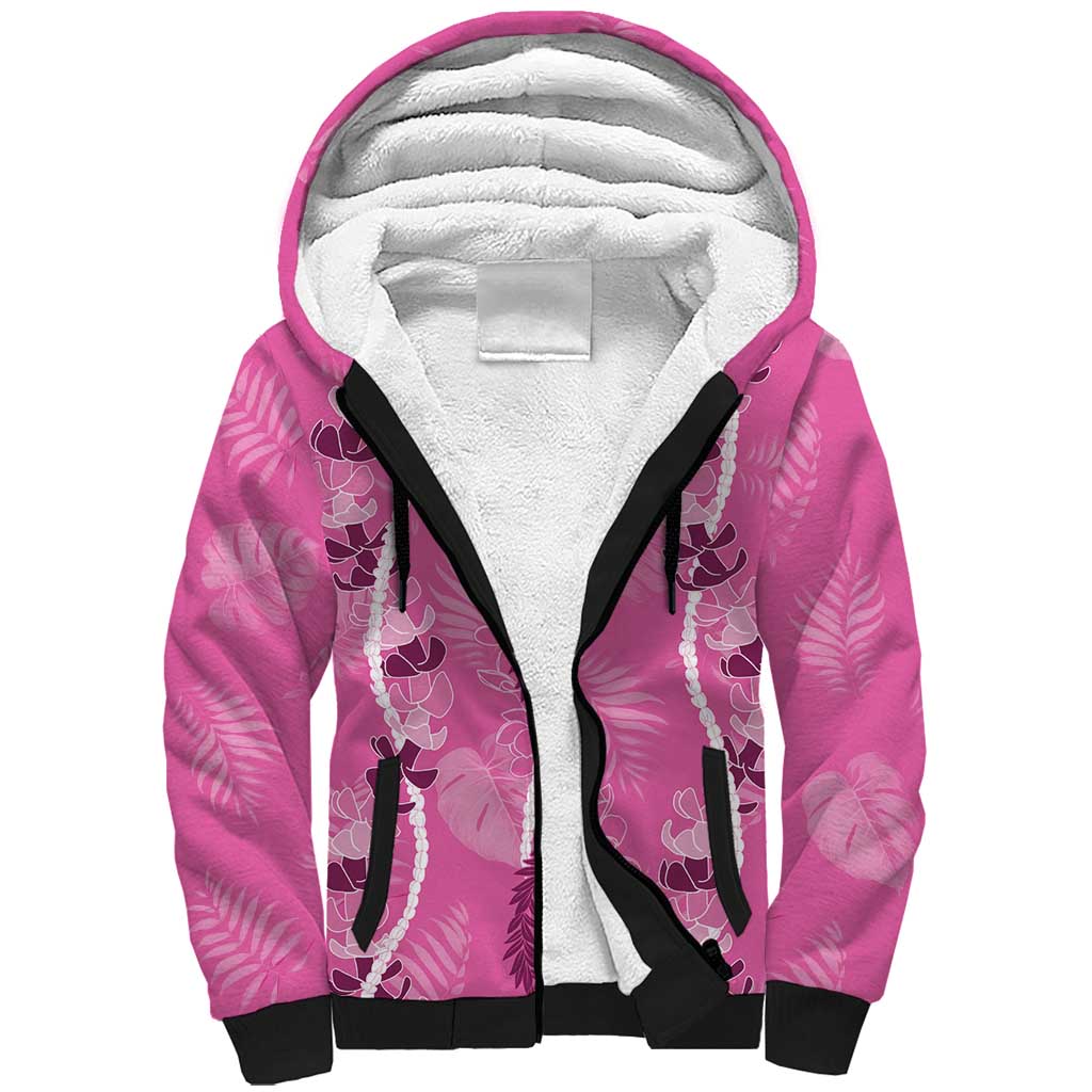 Hawaii Maile Lei Sherpa Hoodie With Pink Monstera Pattern