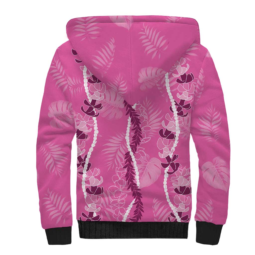 Hawaii Maile Lei Sherpa Hoodie With Pink Monstera Pattern