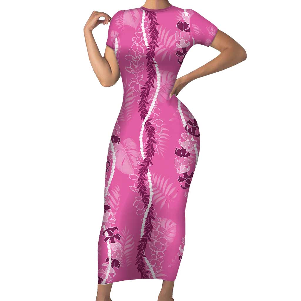 Hawaii Maile Lei Short Sleeve Bodycon Dress With Pink Monstera Pattern