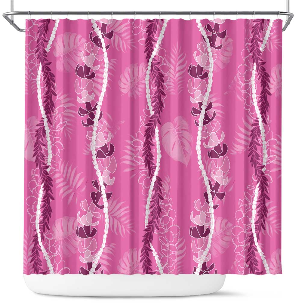 Hawaii Maile Lei Shower Curtain With Pink Monstera Pattern