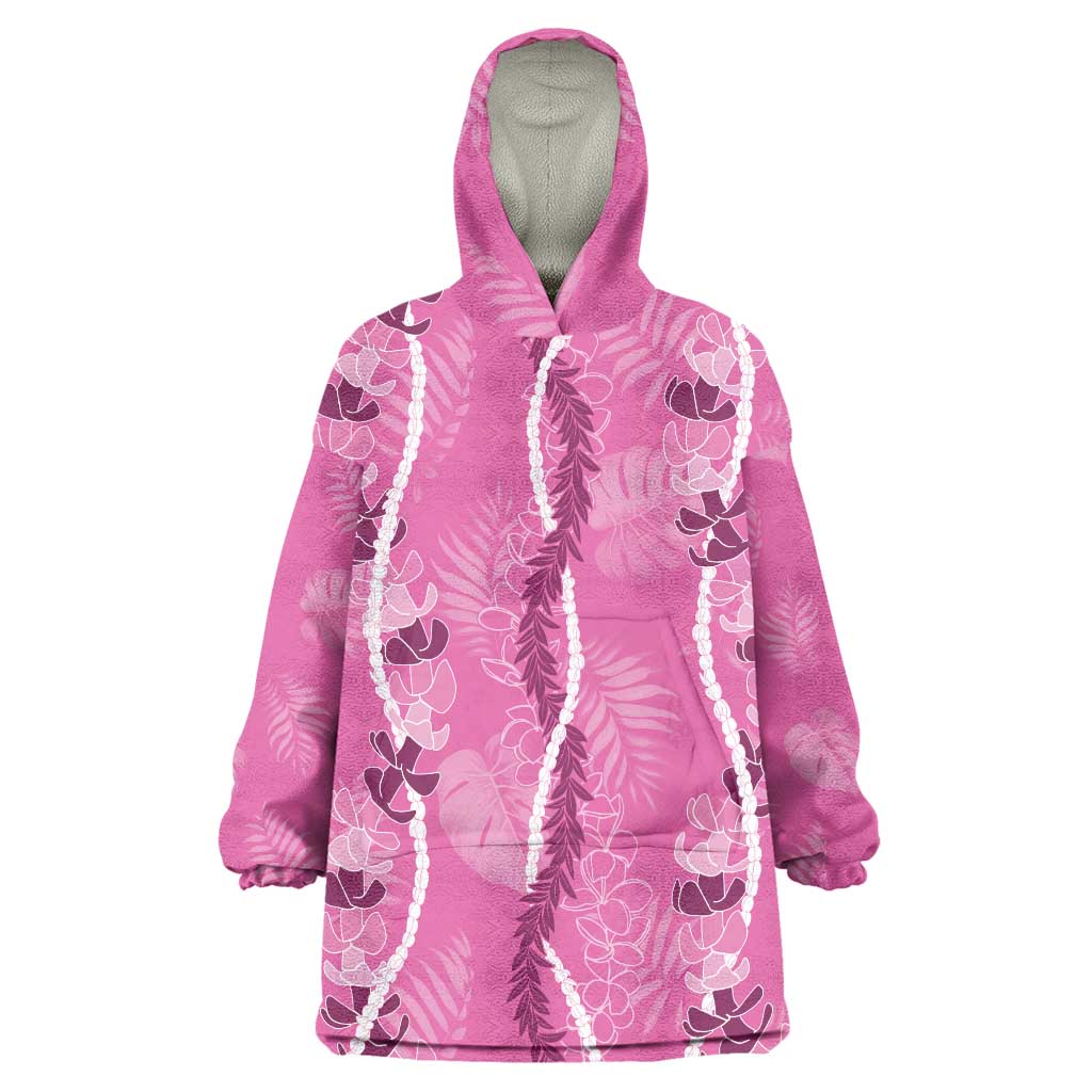 Hawaii Maile Lei Wearable Blanket Hoodie With Pink Monstera Pattern