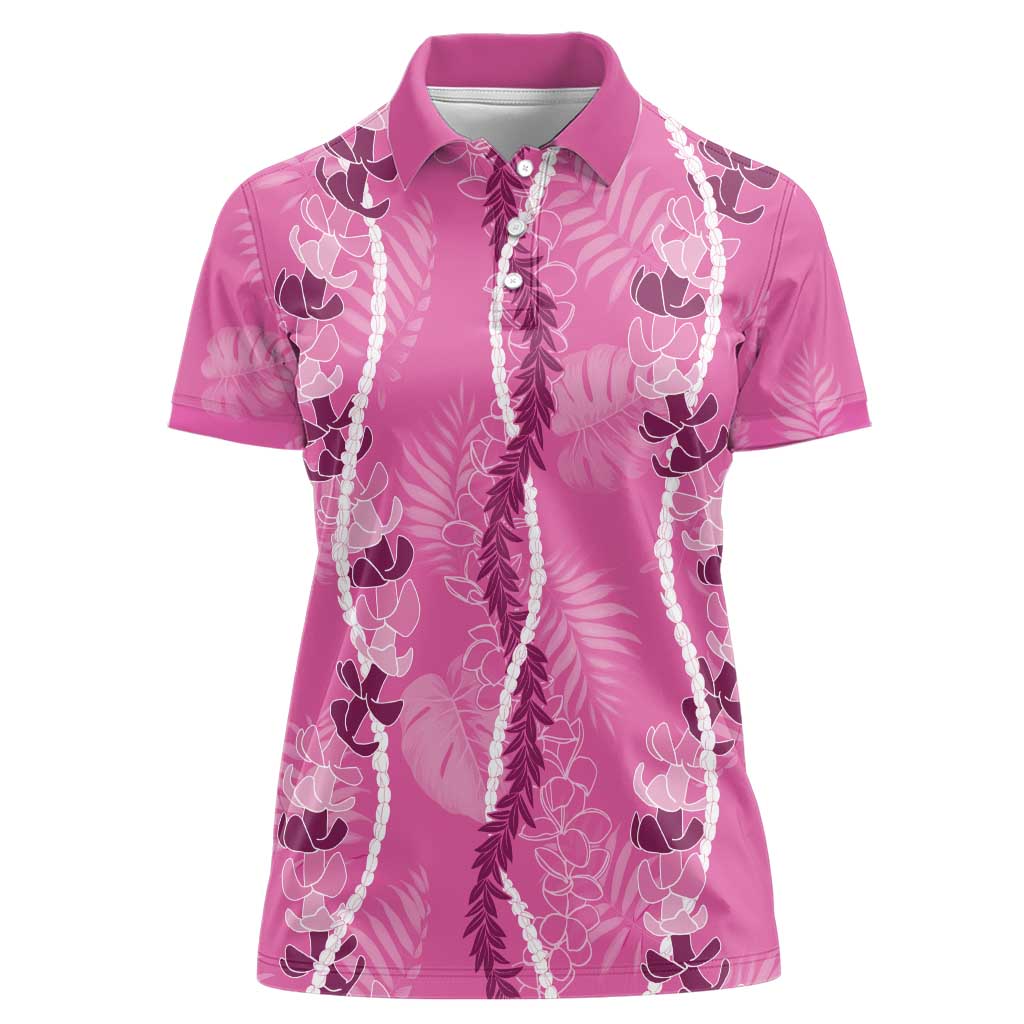 Hawaii Maile Lei Women Polo Shirt With Pink Monstera Pattern