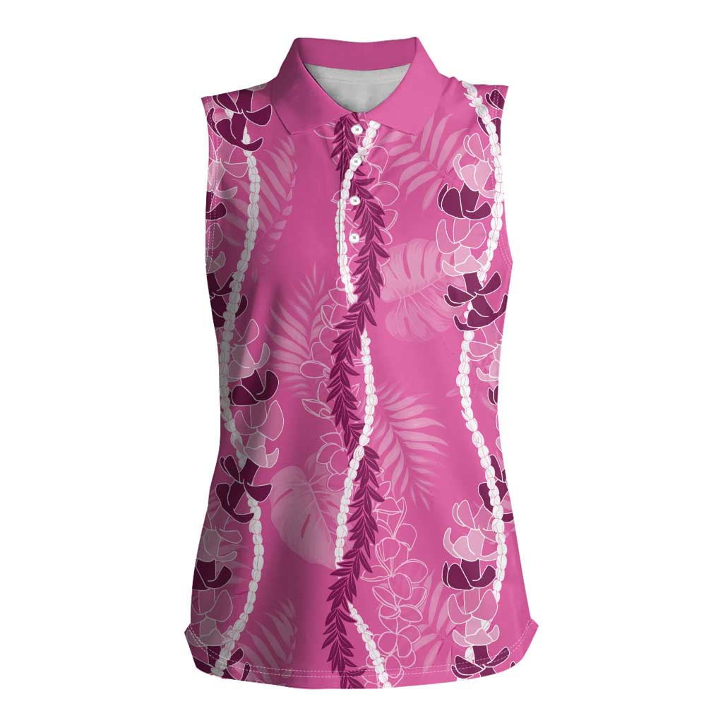 Hawaii Maile Lei Women Sleeveless Polo Shirt With Pink Monstera Pattern