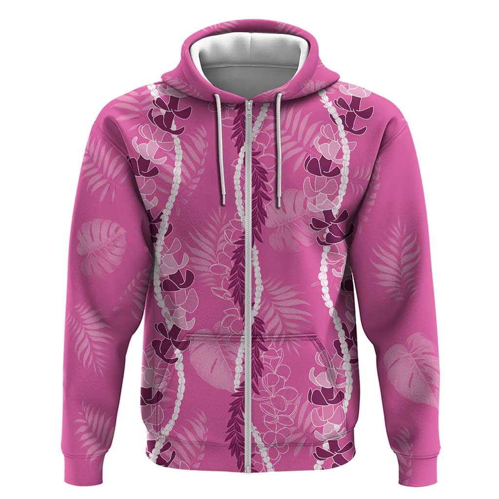 Hawaii Maile Lei Zip Hoodie With Pink Monstera Pattern