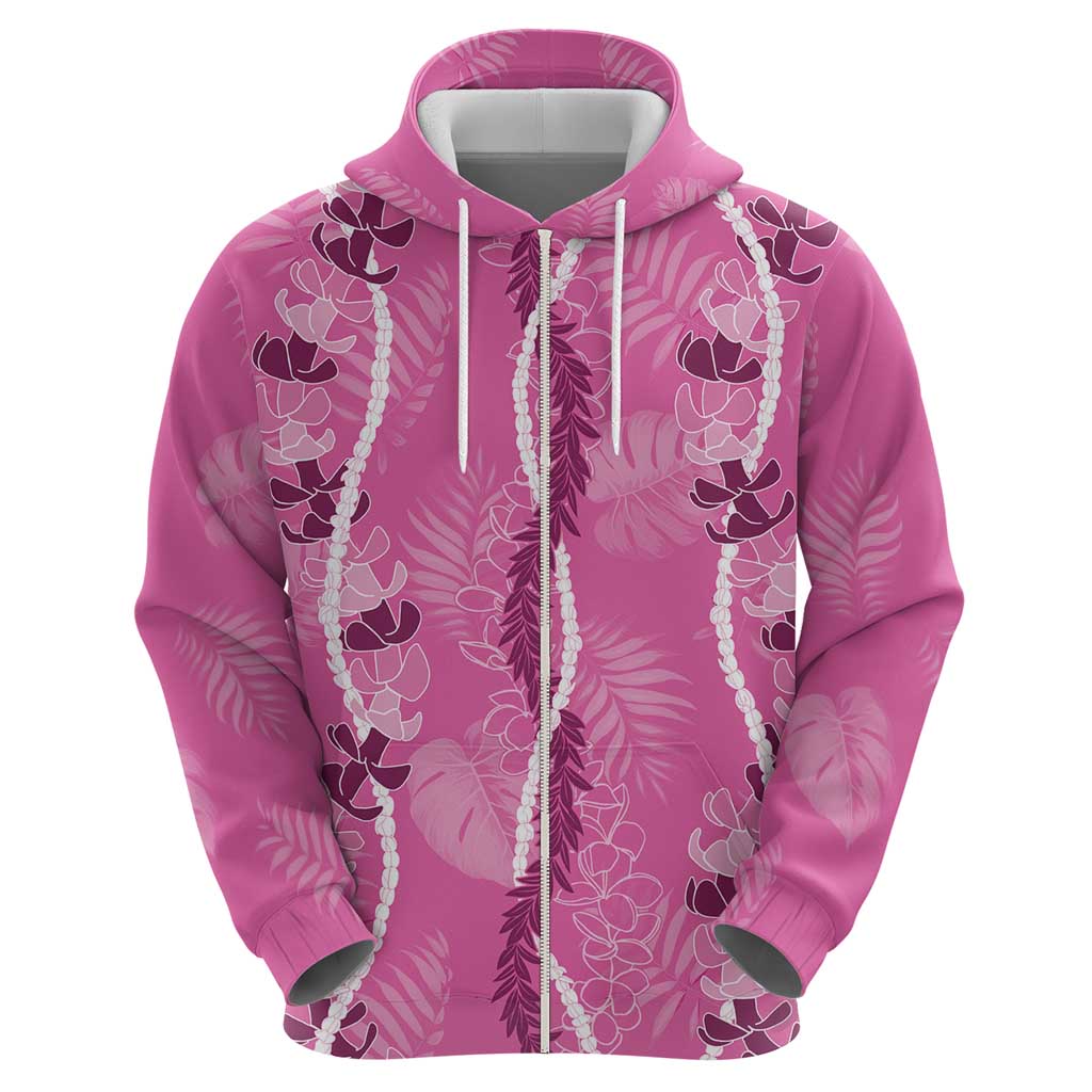 Hawaii Maile Lei Zip Hoodie With Pink Monstera Pattern