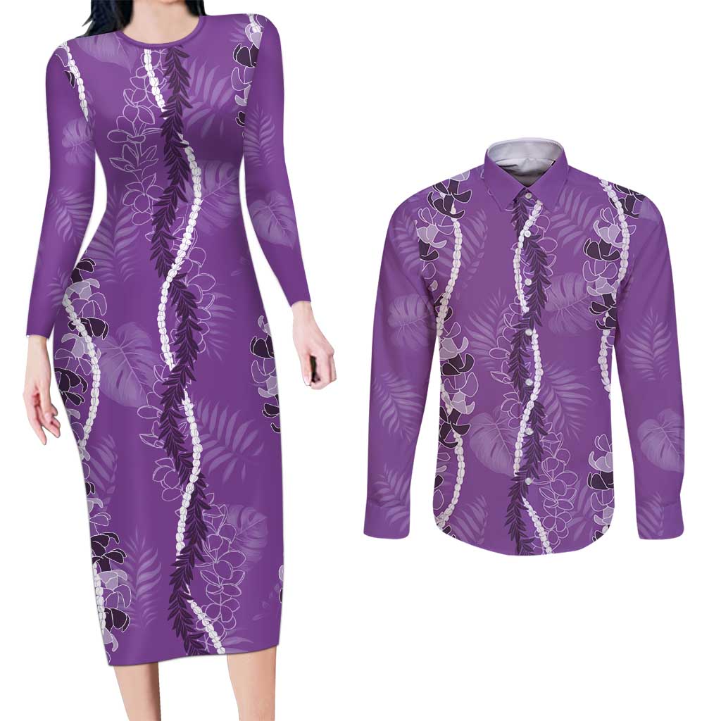 Hawaii Maile Lei Couples Matching Long Sleeve Bodycon Dress and Long Sleeve Button Shirt With Violet Monstera Pattern