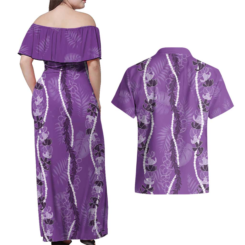 Hawaii Maile Lei Couples Matching Off Shoulder Maxi Dress and Hawaiian Shirt With Violet Monstera Pattern