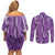 Hawaii Maile Lei Couples Matching Off Shoulder Short Dress and Long Sleeve Button Shirt With Violet Monstera Pattern