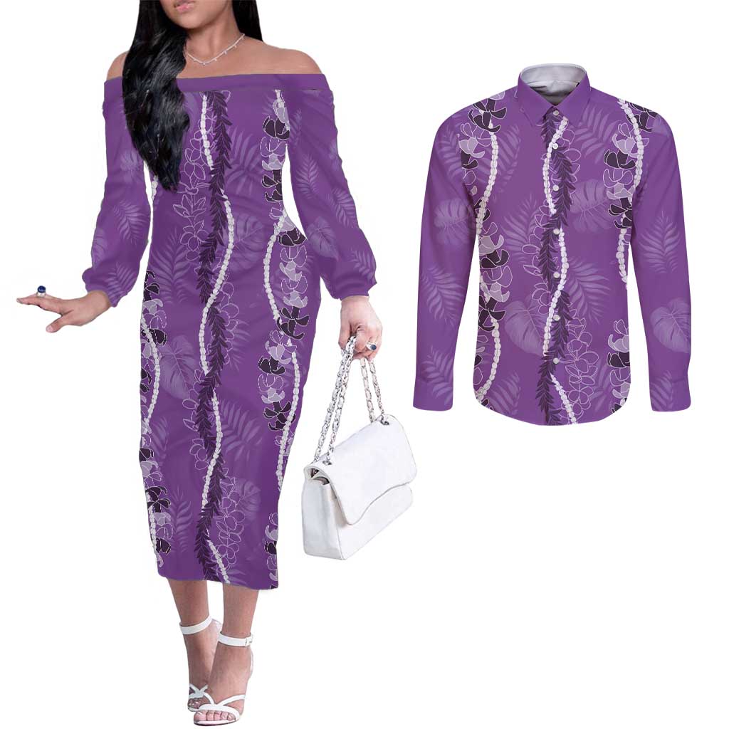 Hawaii Maile Lei Couples Matching Off The Shoulder Long Sleeve Dress and Long Sleeve Button Shirt With Violet Monstera Pattern