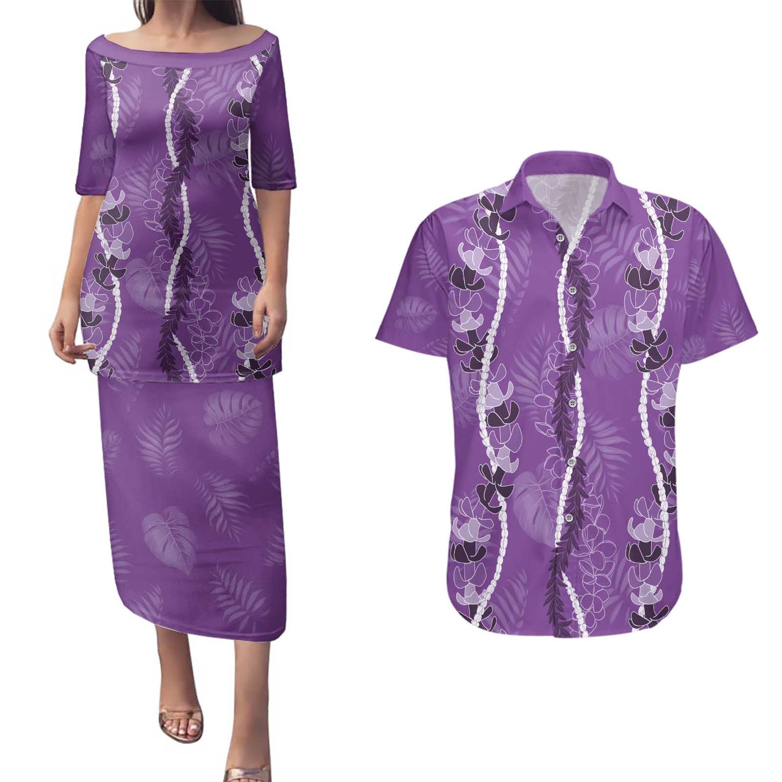 Hawaii Maile Lei Couples Matching Puletasi and Hawaiian Shirt With Violet Monstera Pattern