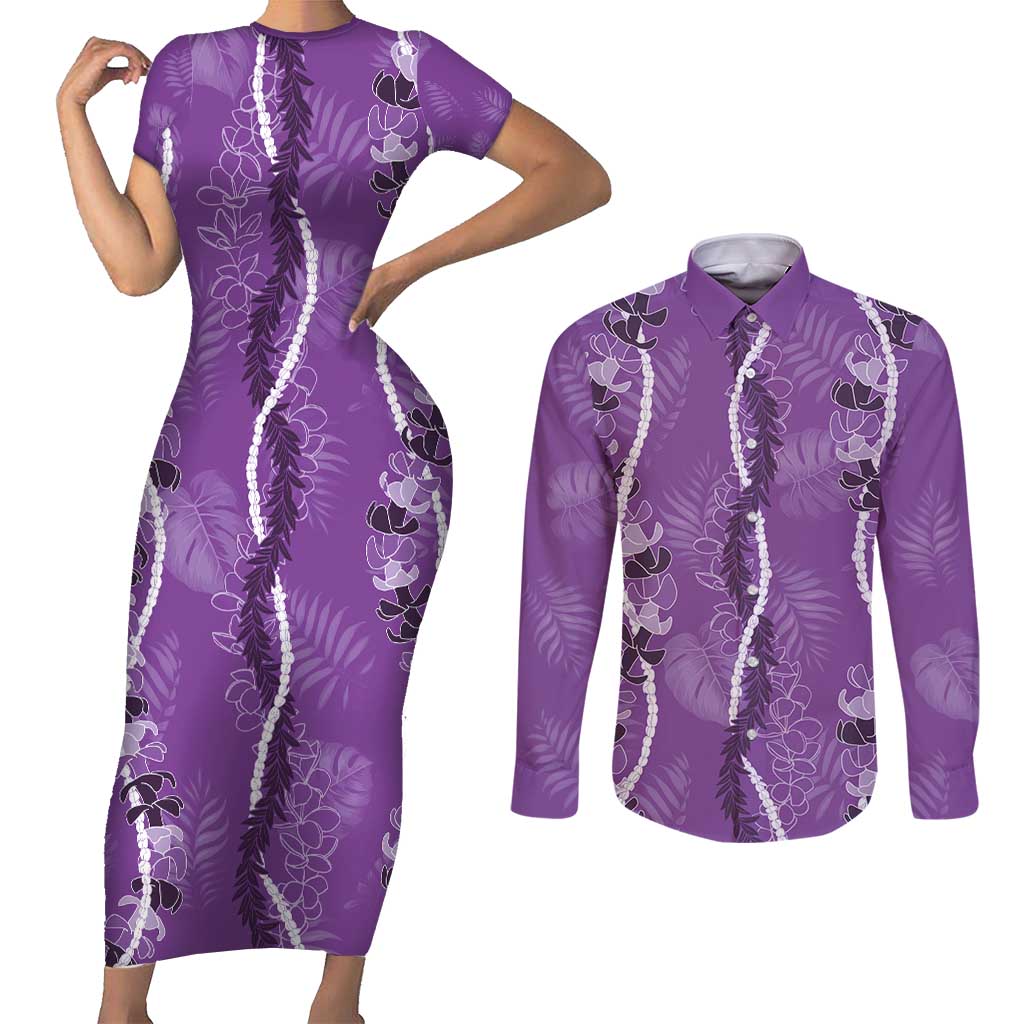 Hawaii Maile Lei Couples Matching Short Sleeve Bodycon Dress and Long Sleeve Button Shirt With Violet Monstera Pattern