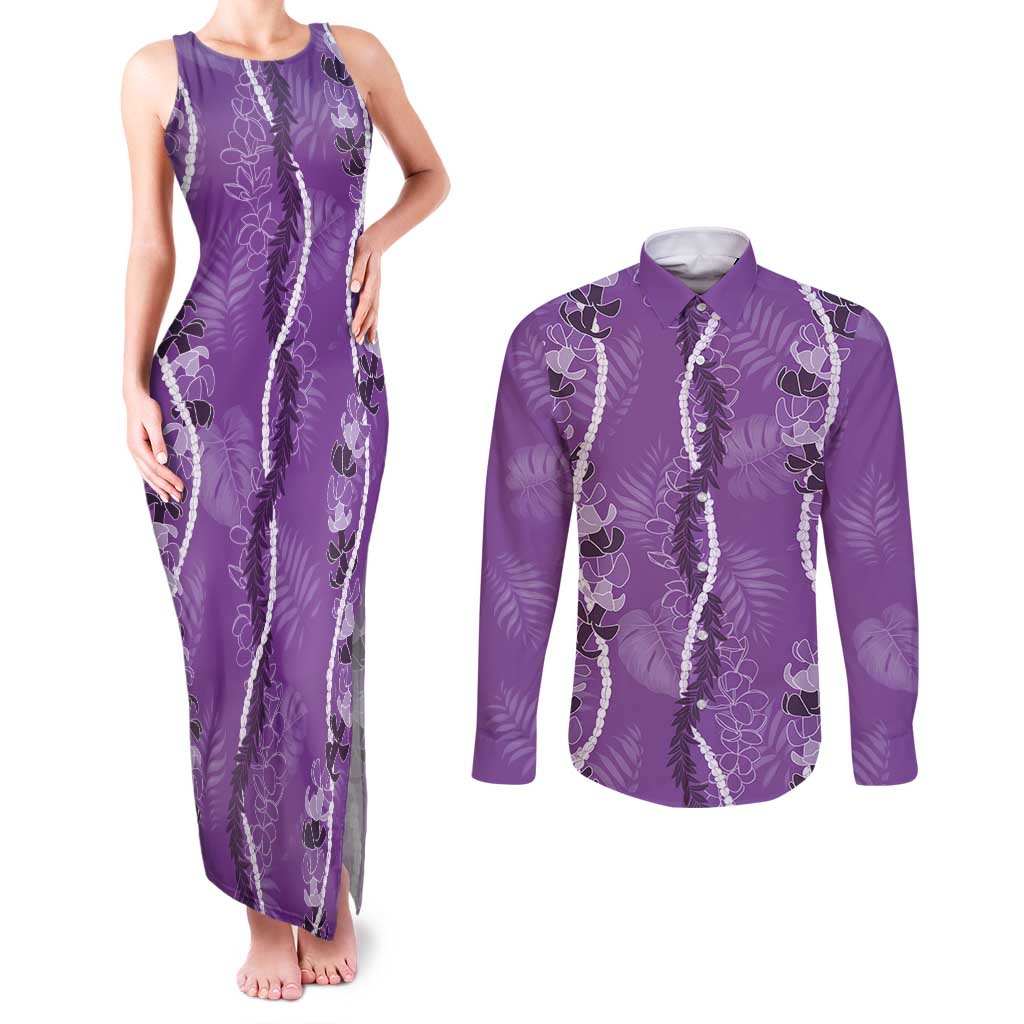 Hawaii Maile Lei Couples Matching Tank Maxi Dress and Long Sleeve Button Shirt With Violet Monstera Pattern