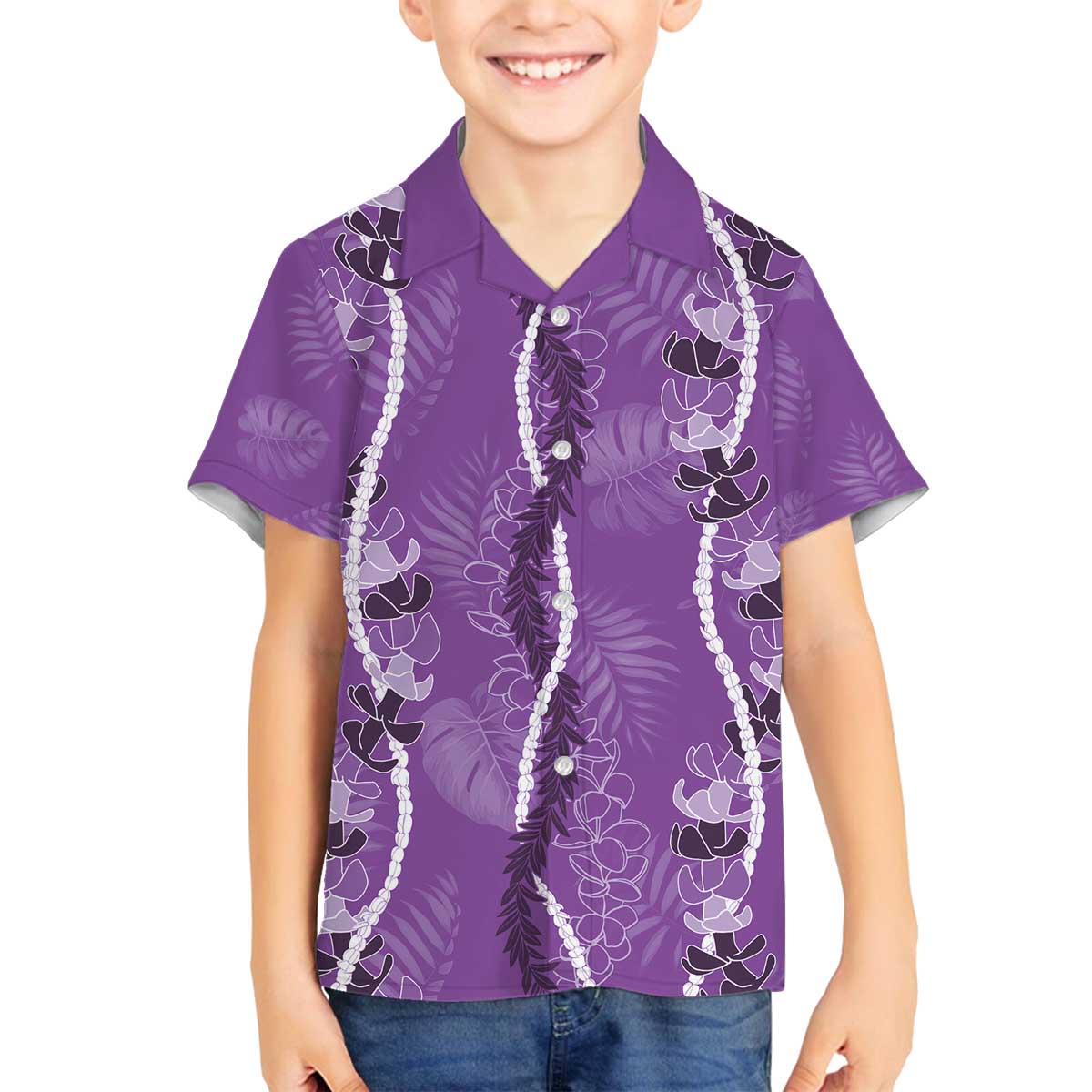 Hawaii Maile Lei Family Matching Off The Shoulder Long Sleeve Dress and Hawaiian Shirt With Violet Monstera Pattern