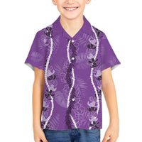 Hawaii Maile Lei Family Matching Off The Shoulder Long Sleeve Dress and Hawaiian Shirt With Violet Monstera Pattern