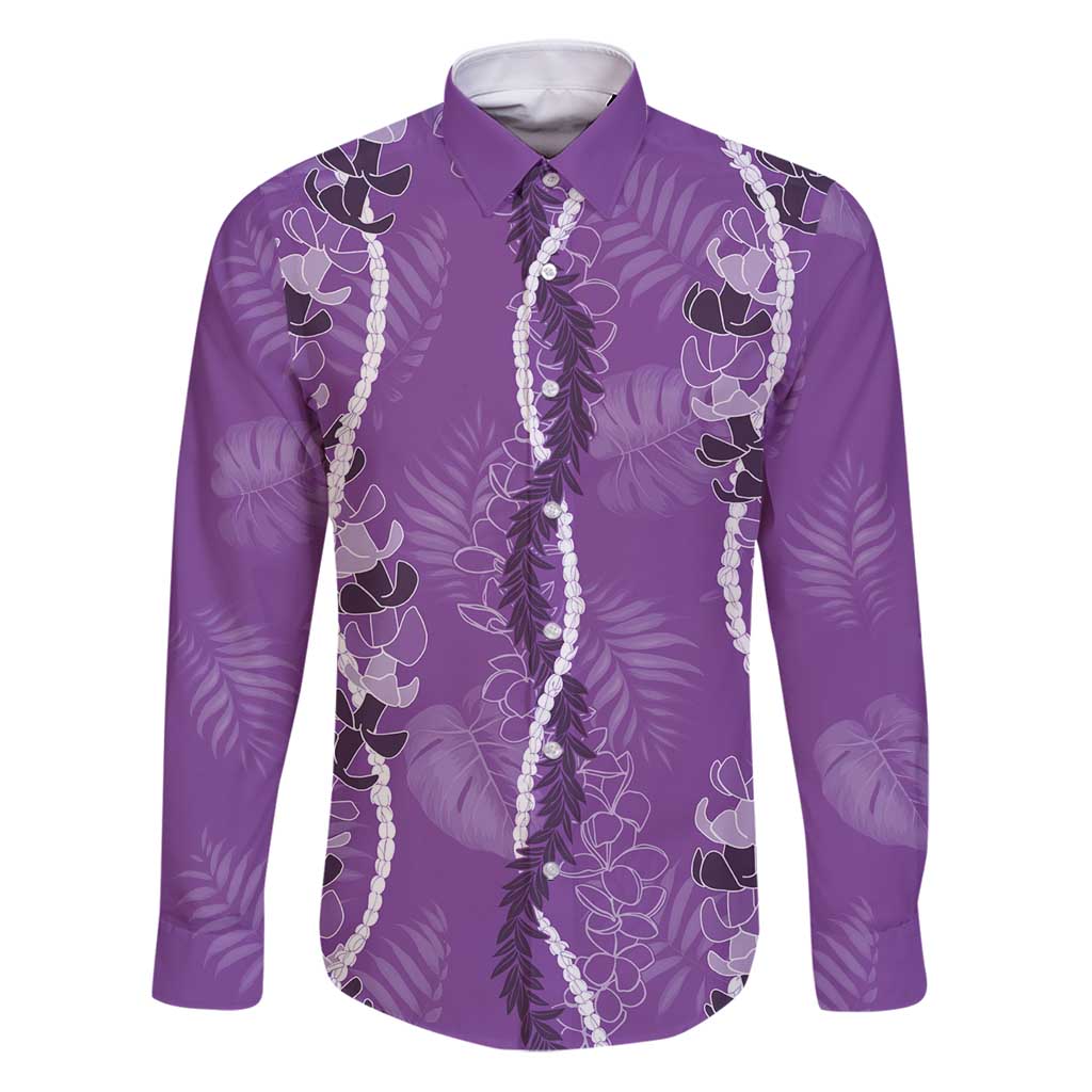 Hawaii Maile Lei Family Matching Puletasi and Hawaiian Shirt With Violet Monstera Pattern