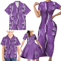 Hawaii Maile Lei Family Matching Short Sleeve Bodycon Dress and Hawaiian Shirt With Violet Monstera Pattern