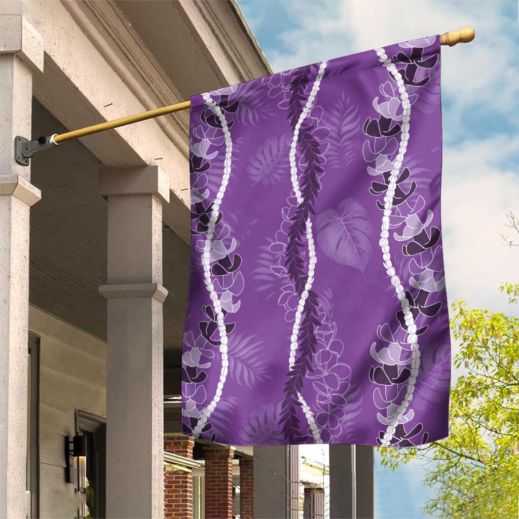 Hawaii Maile Lei Garden Flag With Violet Monstera Pattern