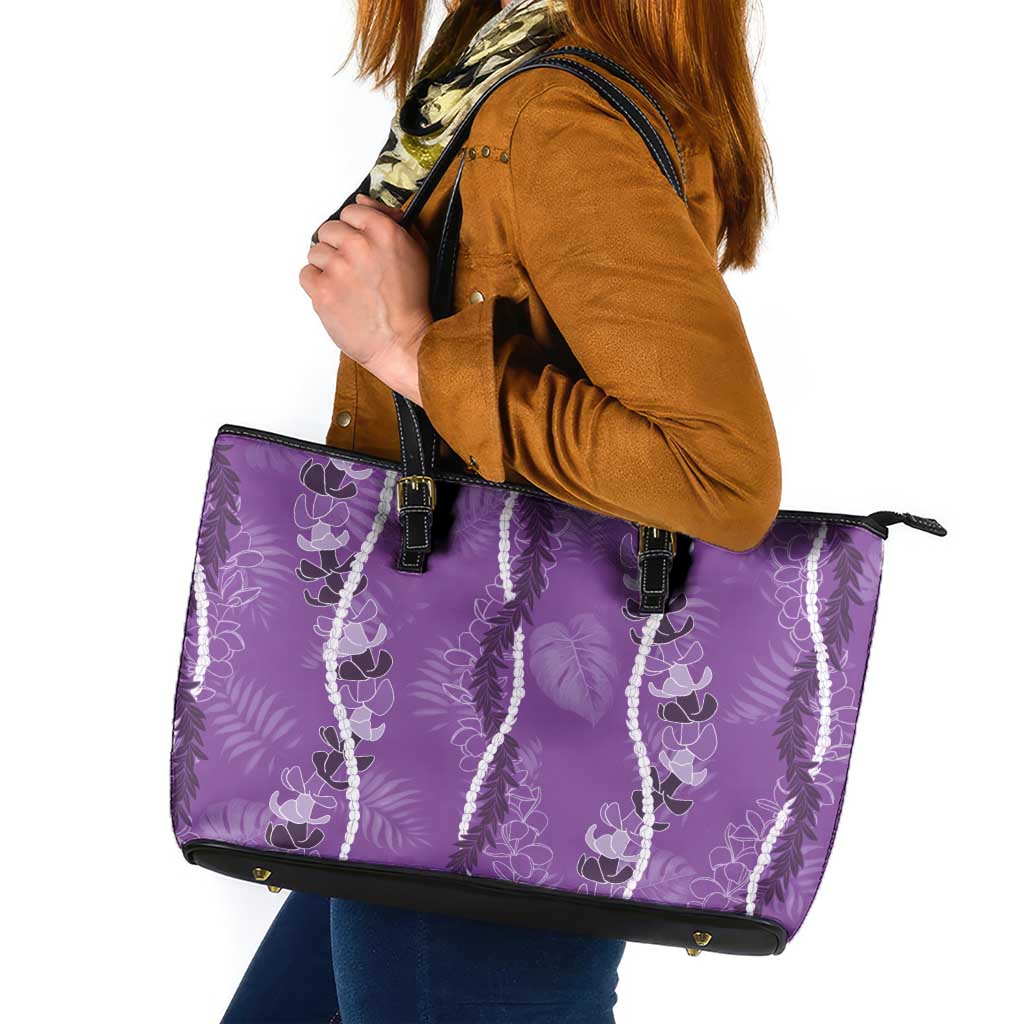 Hawaii Maile Lei Leather Tote Bag With Violet Monstera Pattern