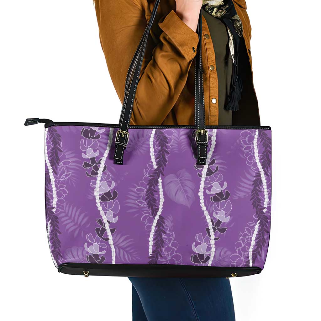 Hawaii Maile Lei Leather Tote Bag With Violet Monstera Pattern