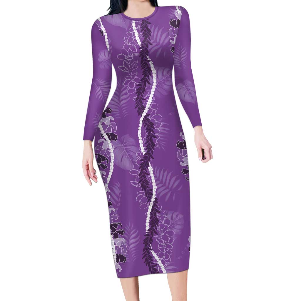 Hawaii Maile Lei Long Sleeve Bodycon Dress With Violet Monstera Pattern