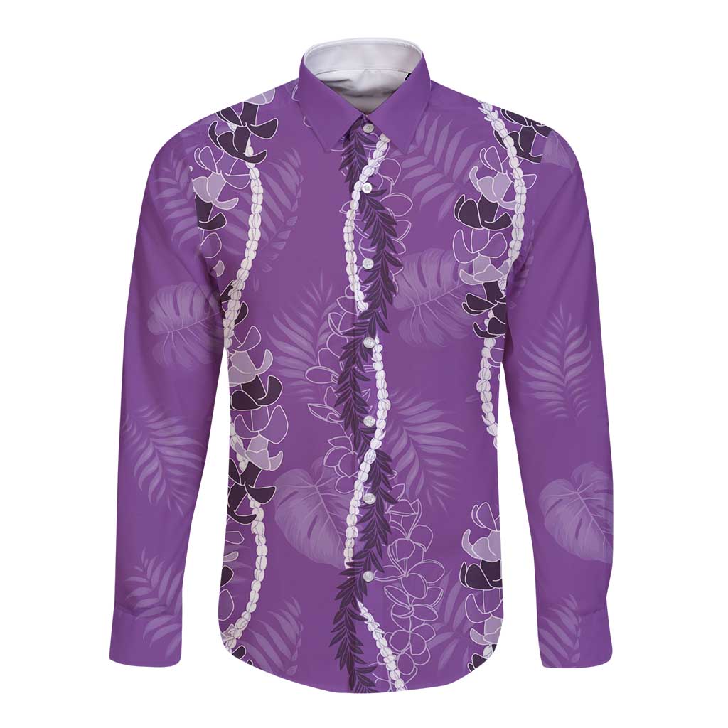 Hawaii Maile Lei Long Sleeve Button Shirt With Violet Monstera Pattern