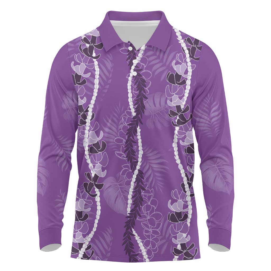 Hawaii Maile Lei Long Sleeve Polo Shirt With Violet Monstera Pattern