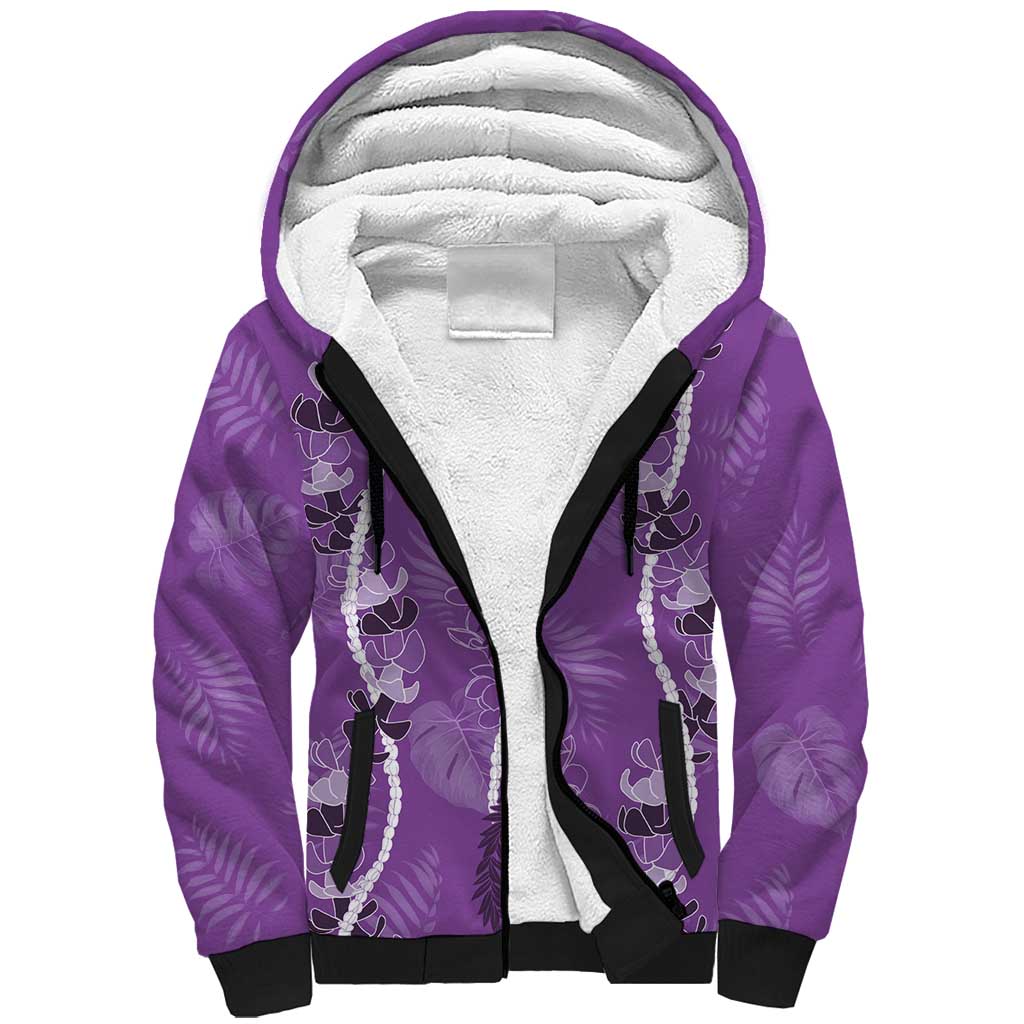 Hawaii Maile Lei Sherpa Hoodie With Violet Monstera Pattern