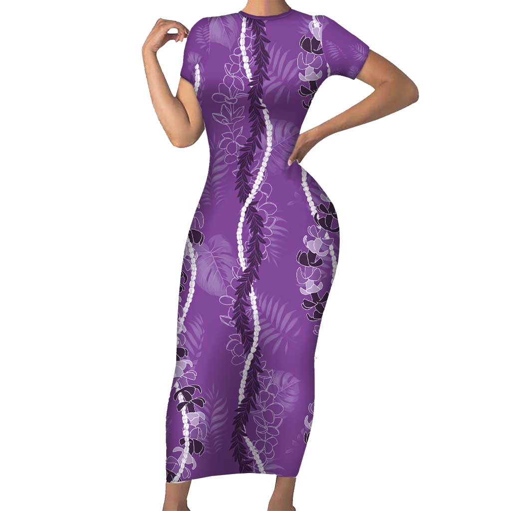 Hawaii Maile Lei Short Sleeve Bodycon Dress With Violet Monstera Pattern