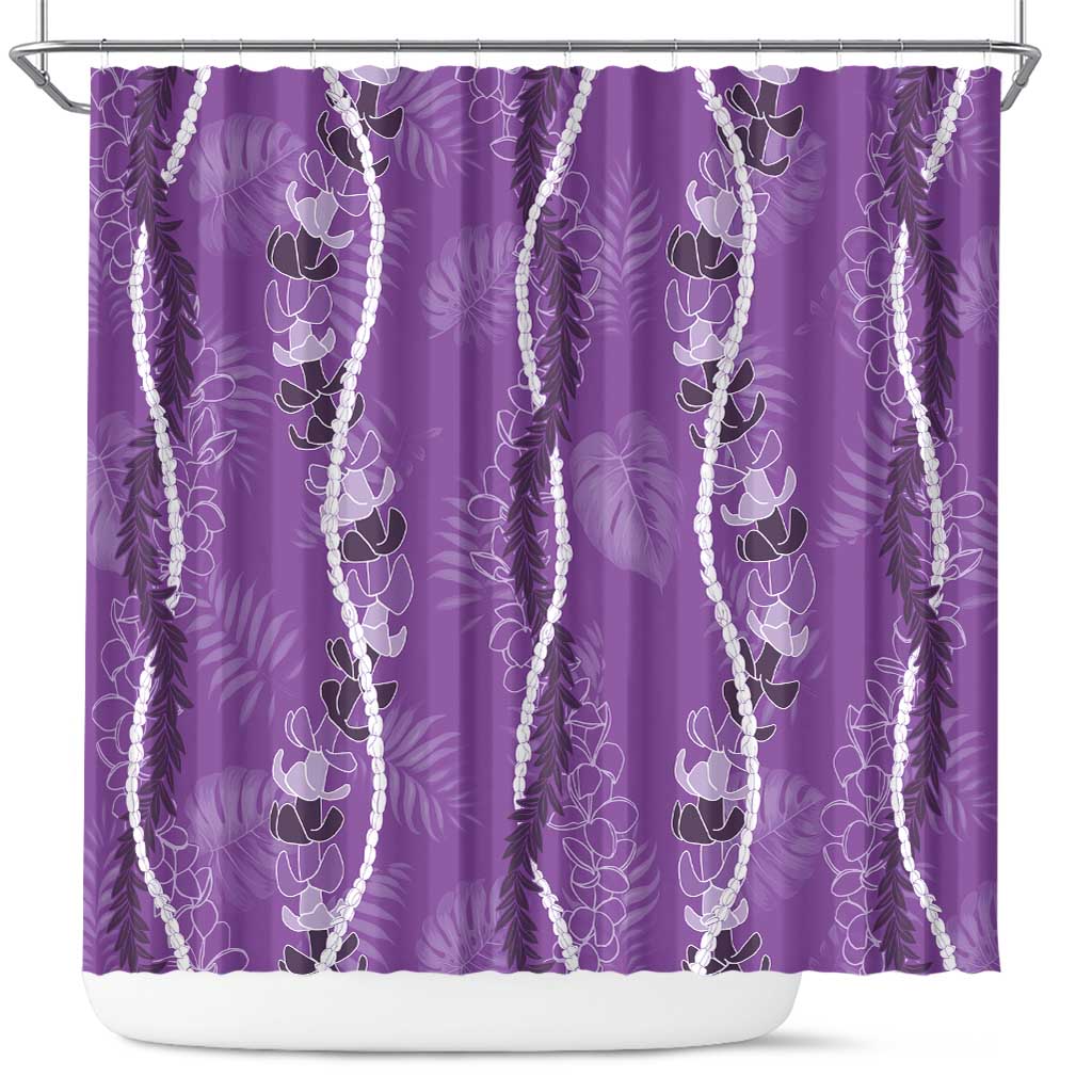 Hawaii Maile Lei Shower Curtain With Violet Monstera Pattern