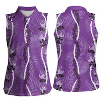 Hawaii Maile Lei Women Sleeveless Polo Shirt With Violet Monstera Pattern