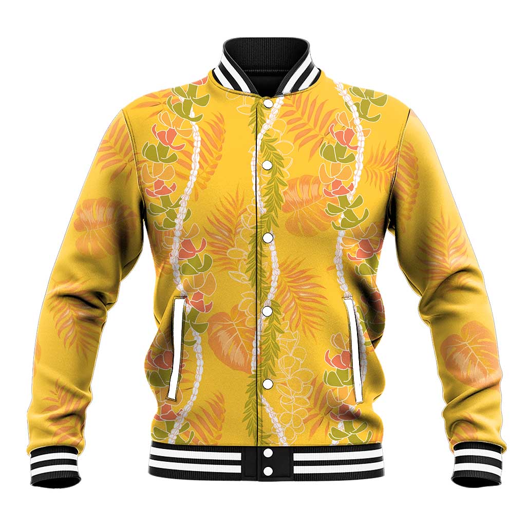 Hawaii Maile Lei Baseball Jacket With Yellow Monstera Pattern