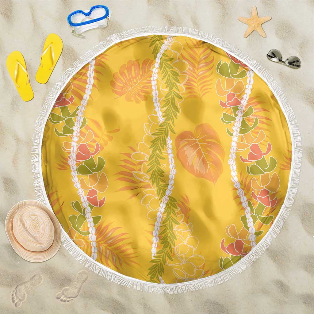 Hawaii Maile Lei Beach Blanket With Yellow Monstera Pattern