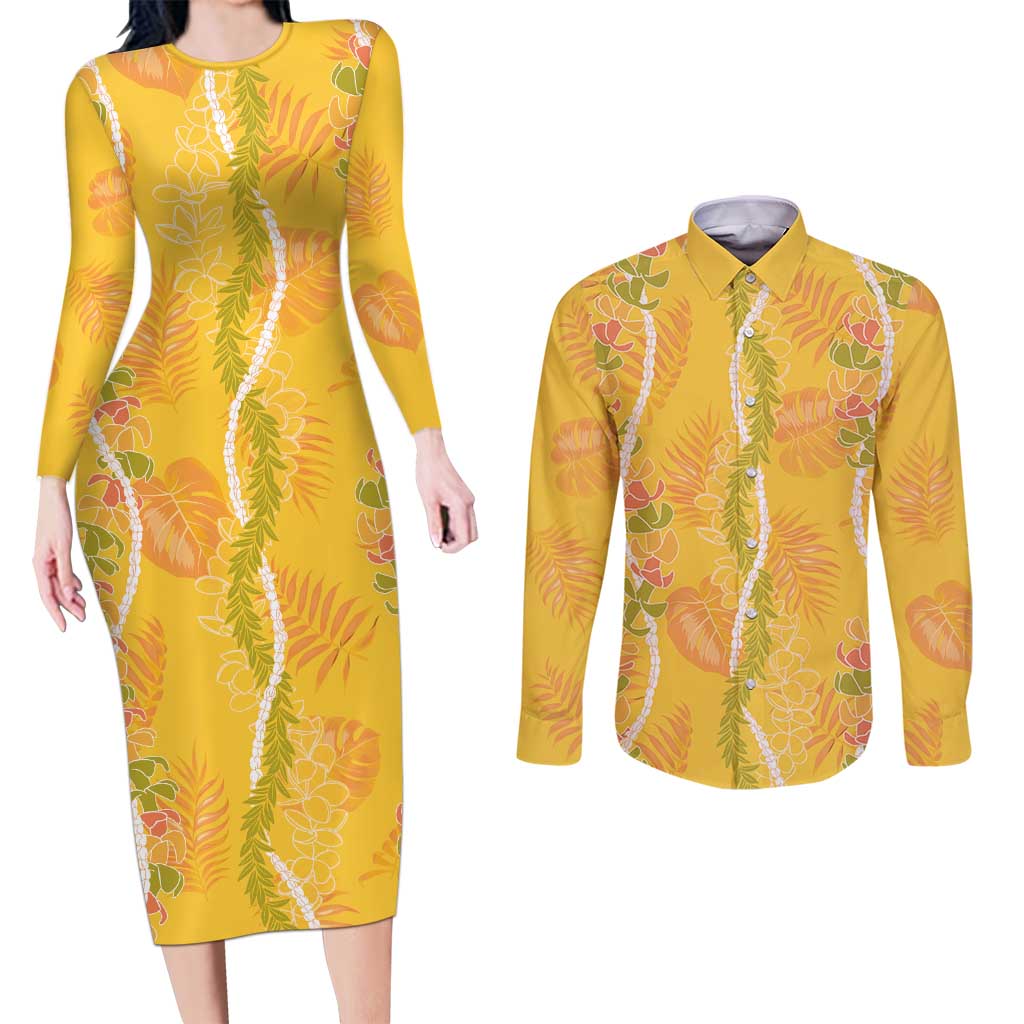 Hawaii Maile Lei Couples Matching Long Sleeve Bodycon Dress and Long Sleeve Button Shirt With Yellow Monstera Pattern