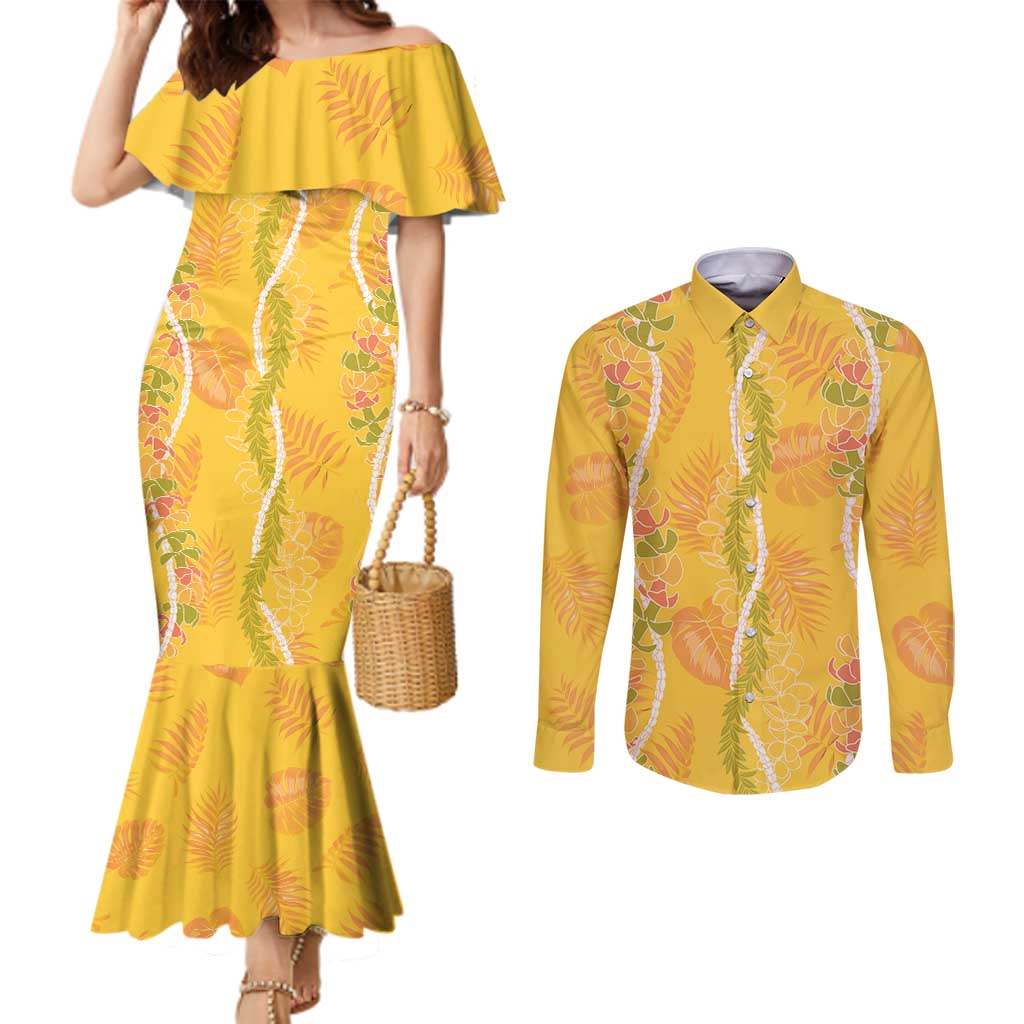 Hawaii Maile Lei Couples Matching Mermaid Dress and Long Sleeve Button Shirt With Yellow Monstera Pattern