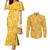 Hawaii Maile Lei Couples Matching Mermaid Dress and Long Sleeve Button Shirt With Yellow Monstera Pattern