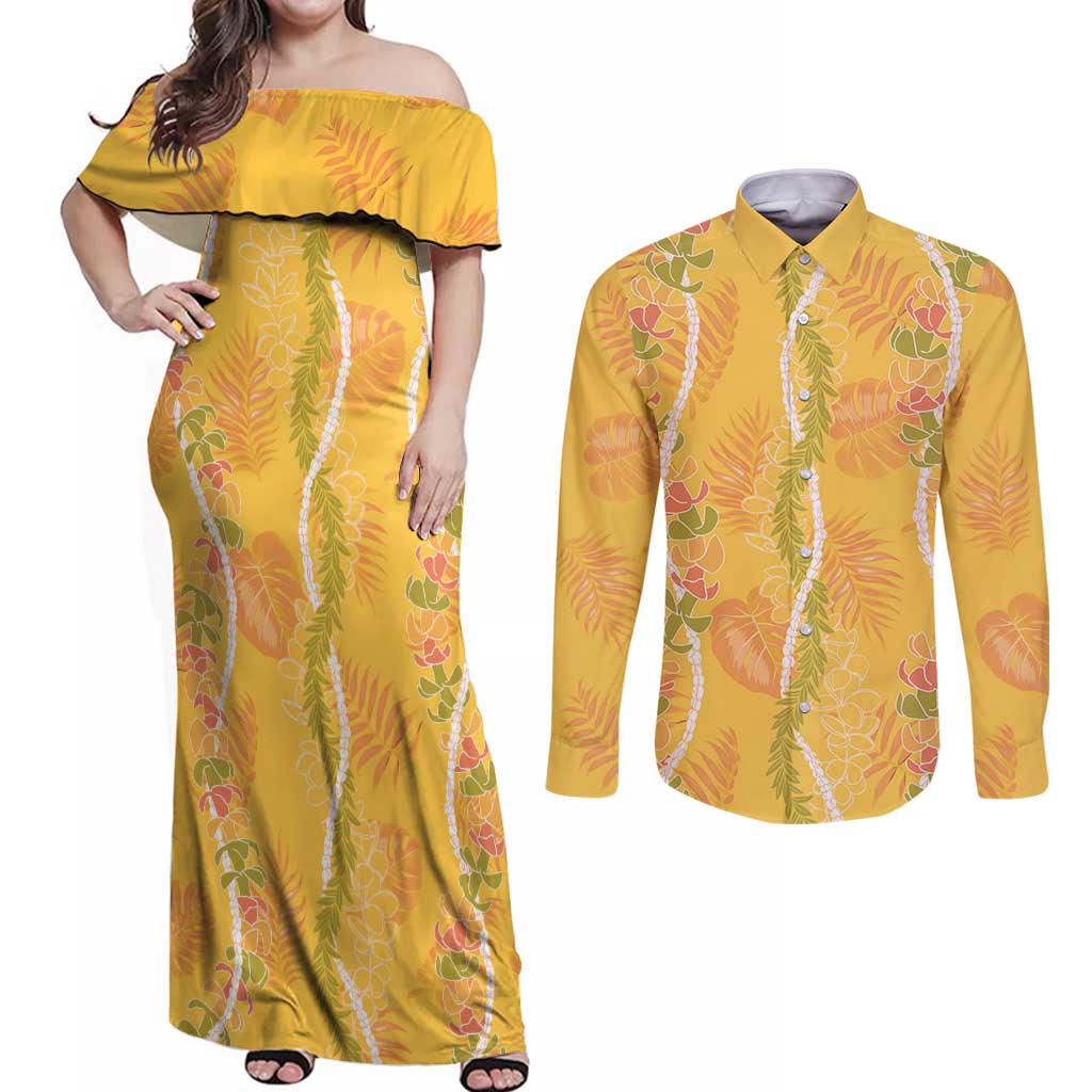 Hawaii Maile Lei Couples Matching Off Shoulder Maxi Dress and Long Sleeve Button Shirt With Yellow Monstera Pattern