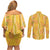 Hawaii Maile Lei Couples Matching Off Shoulder Short Dress and Long Sleeve Button Shirt With Yellow Monstera Pattern