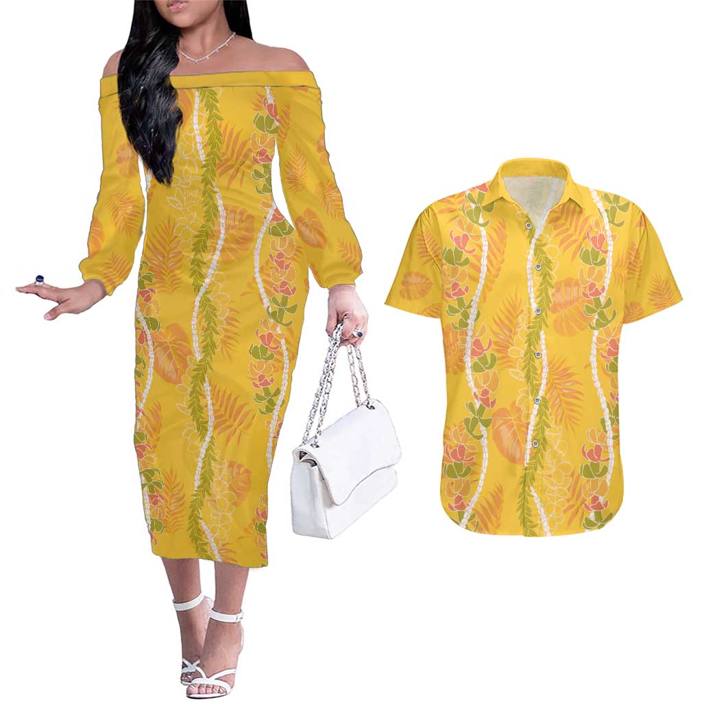 Hawaii Maile Lei Couples Matching Off The Shoulder Long Sleeve Dress and Hawaiian Shirt With Yellow Monstera Pattern