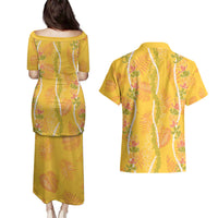 Hawaii Maile Lei Couples Matching Puletasi and Hawaiian Shirt With Yellow Monstera Pattern