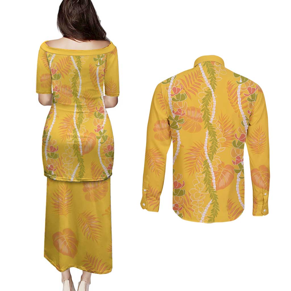 Hawaii Maile Lei Couples Matching Puletasi and Long Sleeve Button Shirt With Yellow Monstera Pattern