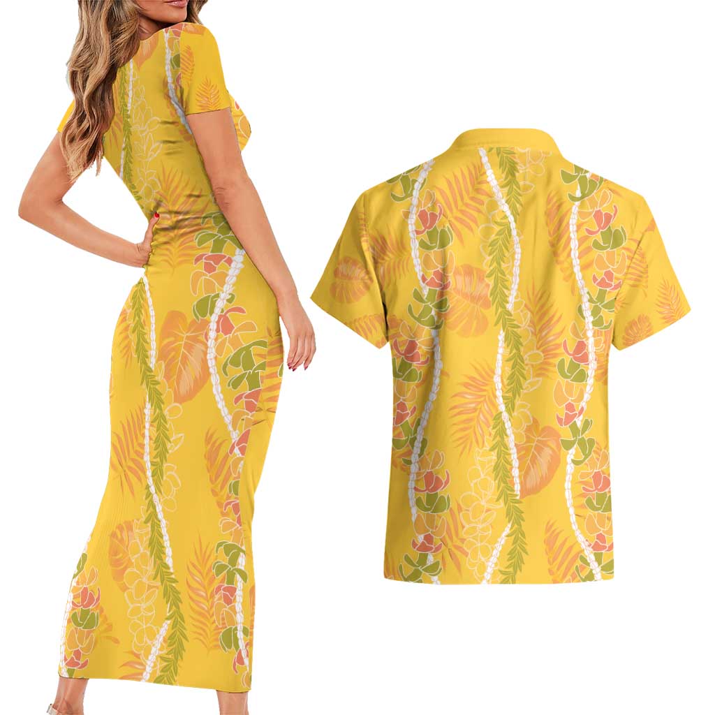 Hawaii Maile Lei Couples Matching Short Sleeve Bodycon Dress and Hawaiian Shirt With Yellow Monstera Pattern